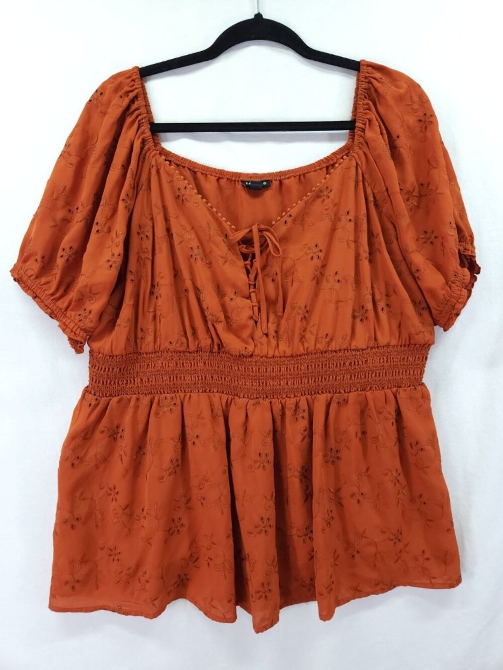 Torrid Rust Orange Embroidered Eyelet Smocked Waist Lace Up Cottagecore Top 1X